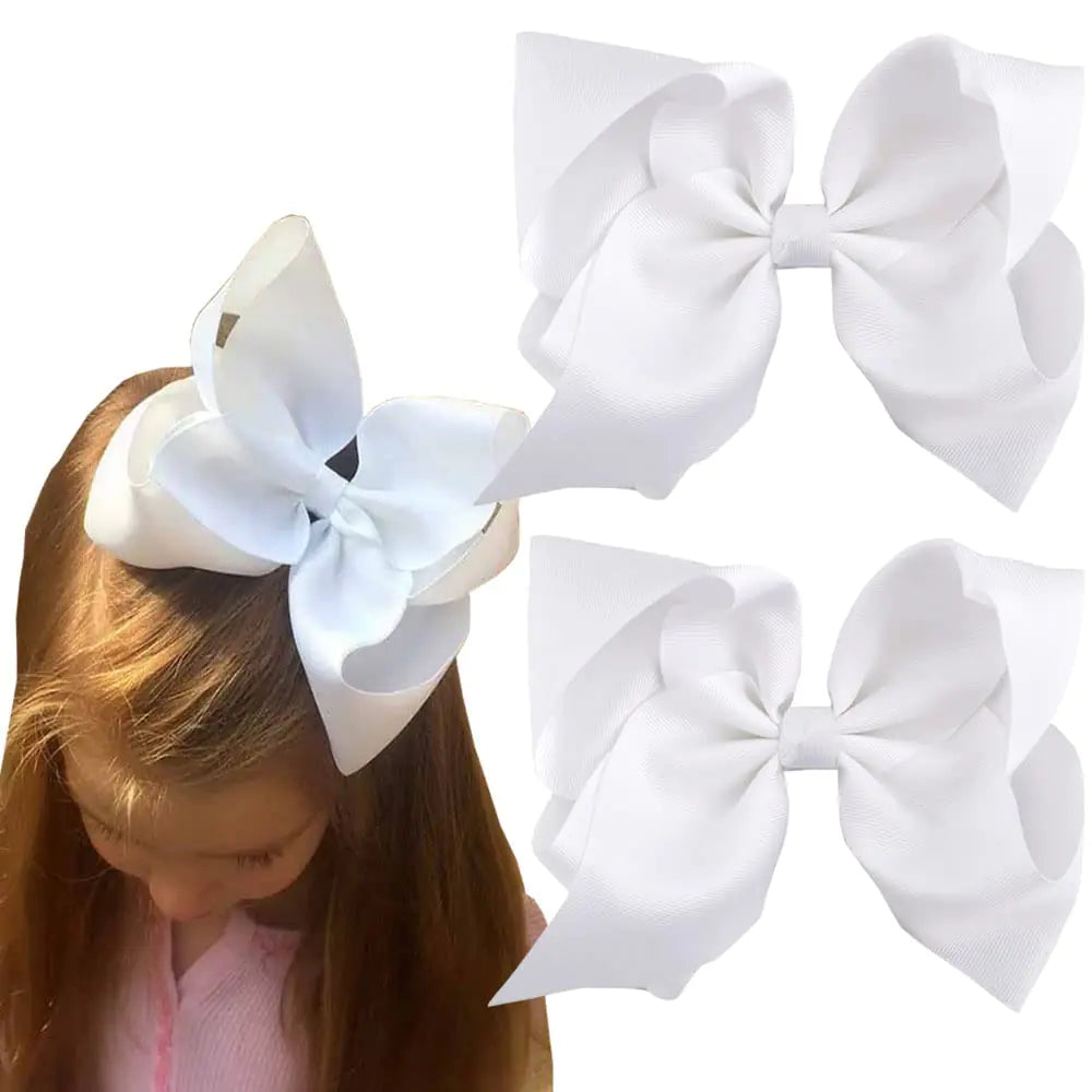 SALOCY 2 PCS 8 Inch Boutique Hair Bows Clips for Girls Toddler Grosgrain Ribbon Big Large Bows Alligator Clips Kids Hair Accessories (White Set-1)