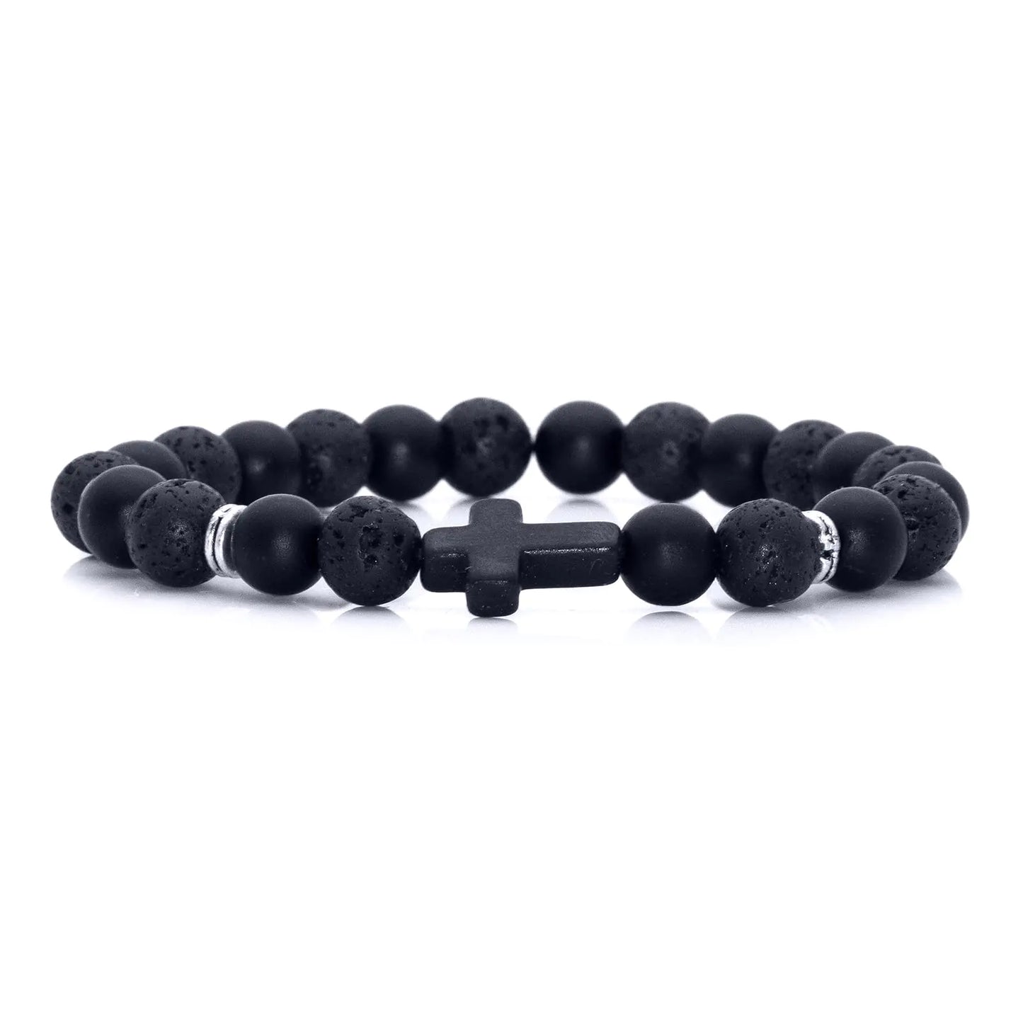 Xusamss Fashion 8MM Matte Agate Beads Bracelet Cross Elastic Bracelet(Onyx_Lava)