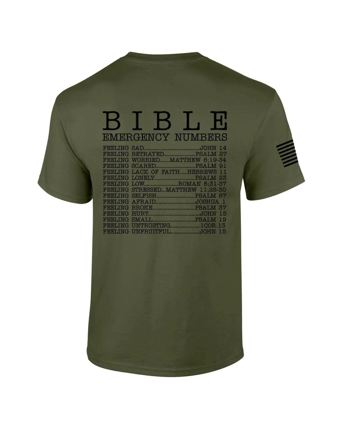 Mens Christian Bible Emergency Numbers Scripture Short Sleeve T-Shirt Graphic Tee-Military-Large