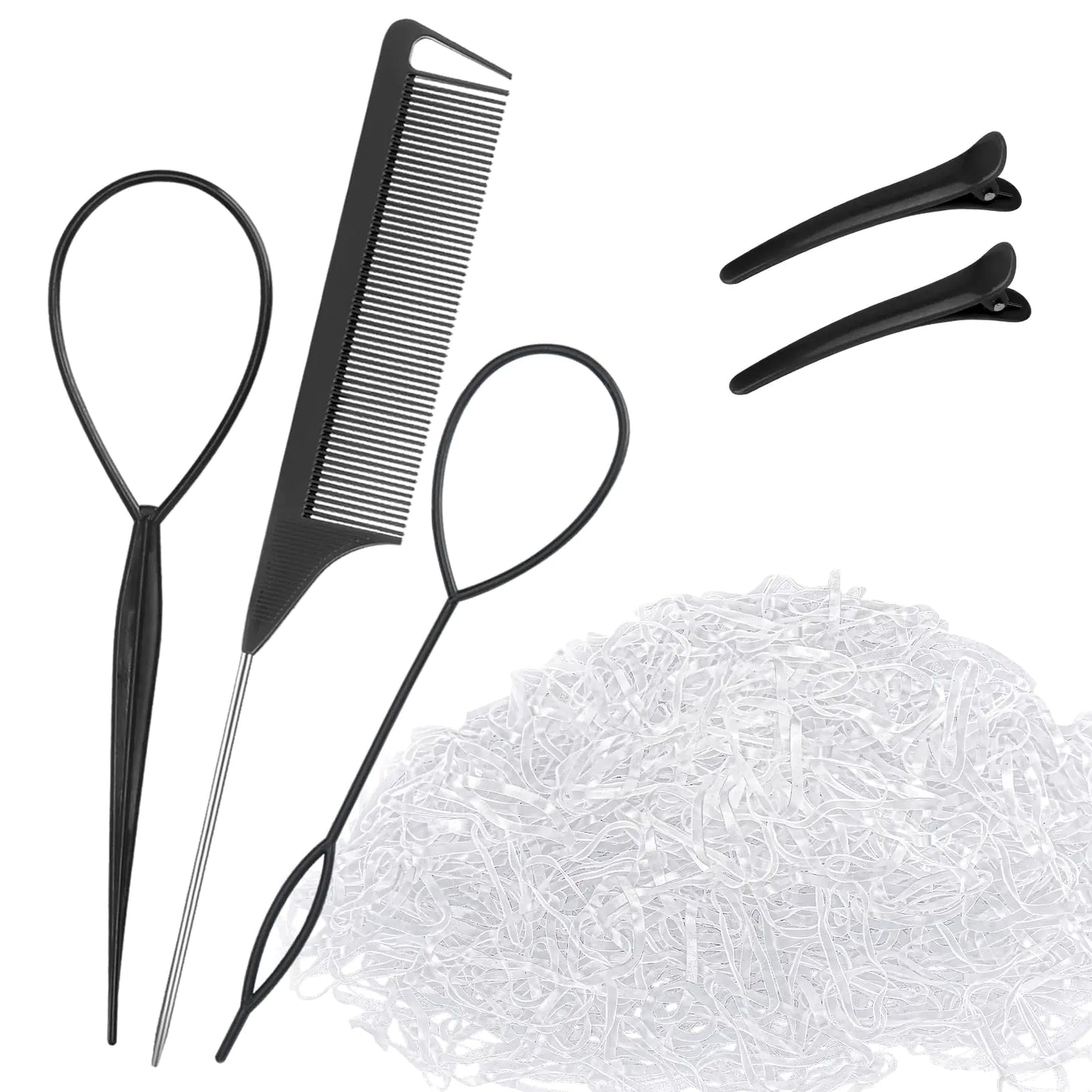 CZZXI 1000pcs Small Clear Hair Elastics with Topsy Turvy Hair Tool Rat Tail Comb Duckbill Clips Ponytail Accessorie for Toddlers Girl Women