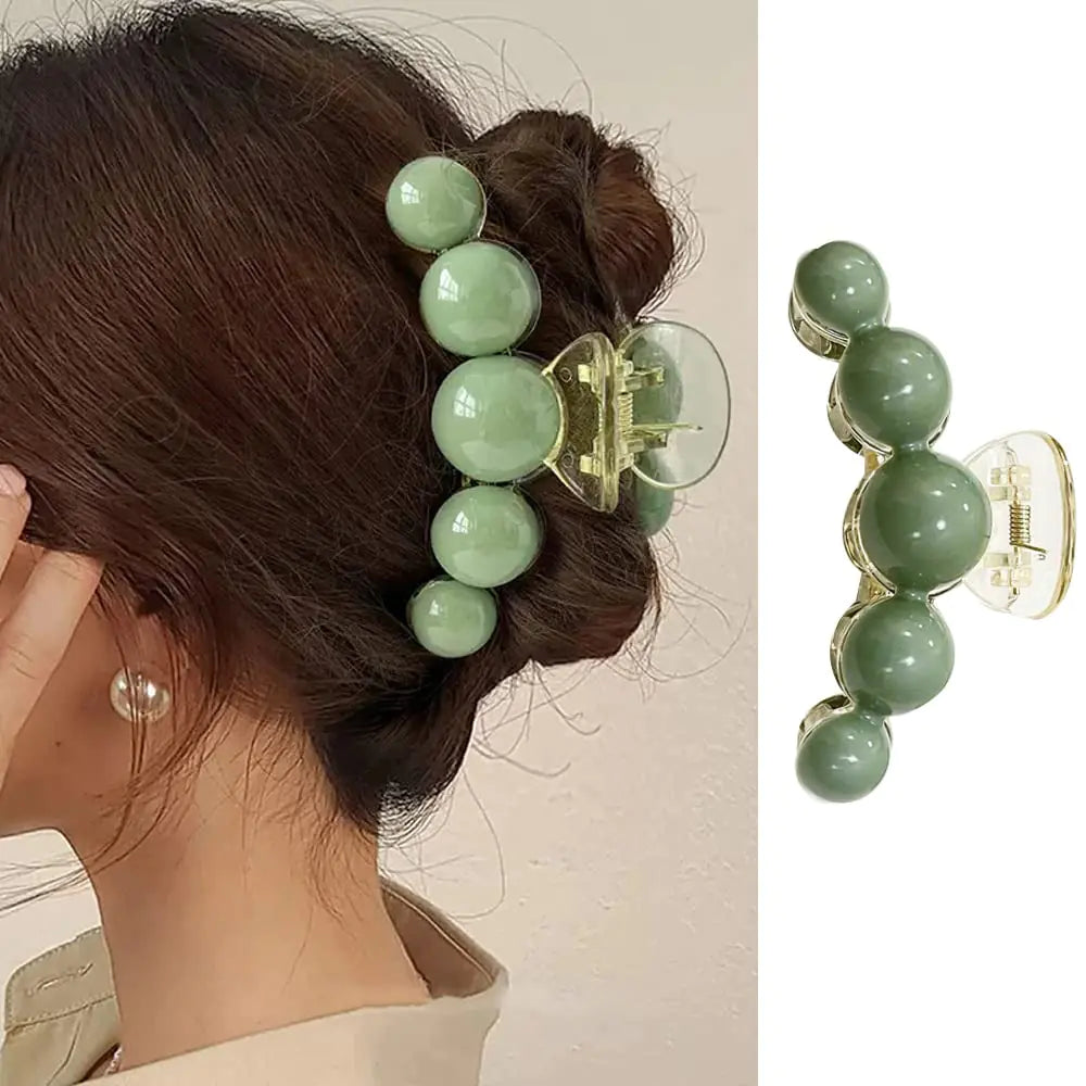 Large Green Pearl Hair Clamps for Women - Elegant Acrylic Hair Crab Clips Non-Slip Strong Hold for Thick or Thin Hair