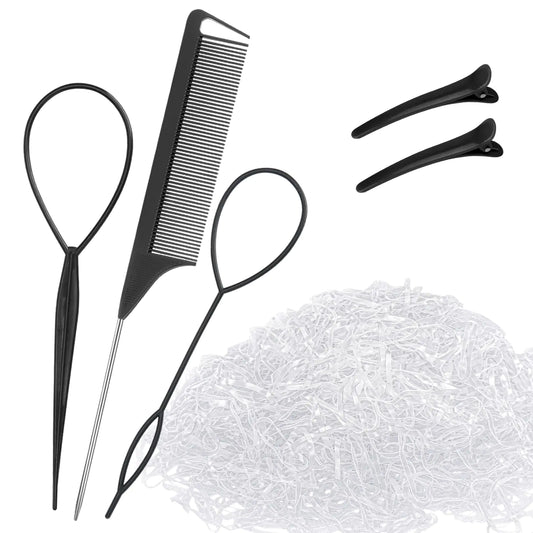 CZZXI 1000pcs Small Clear Hair Elastics with Topsy Turvy Hair Tool Rat Tail Comb Duckbill Clips Ponytail Accessorie for Toddlers Girl Women