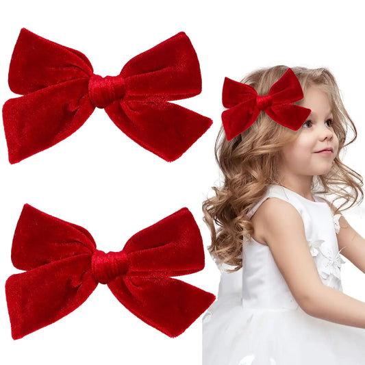 2 PCS Velvet Hair Bows Alligator Clips 4.7inch Hand-made Baby Girl Hair Bows Hair Accessories for Little Teen Toddler Girls Kids (Red)