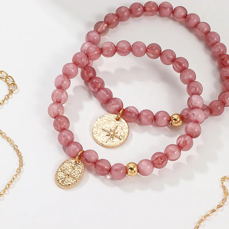 BZ1108 Alloy Disc Bracelet with Pink Acrylic Beads