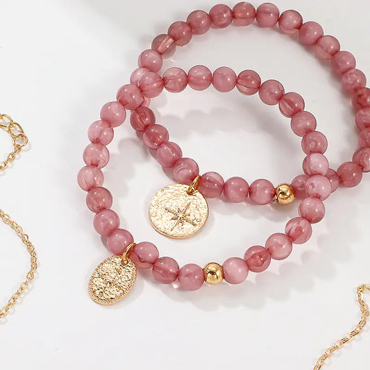 BZ1108 Alloy Disc Bracelet with Pink Acrylic Beads