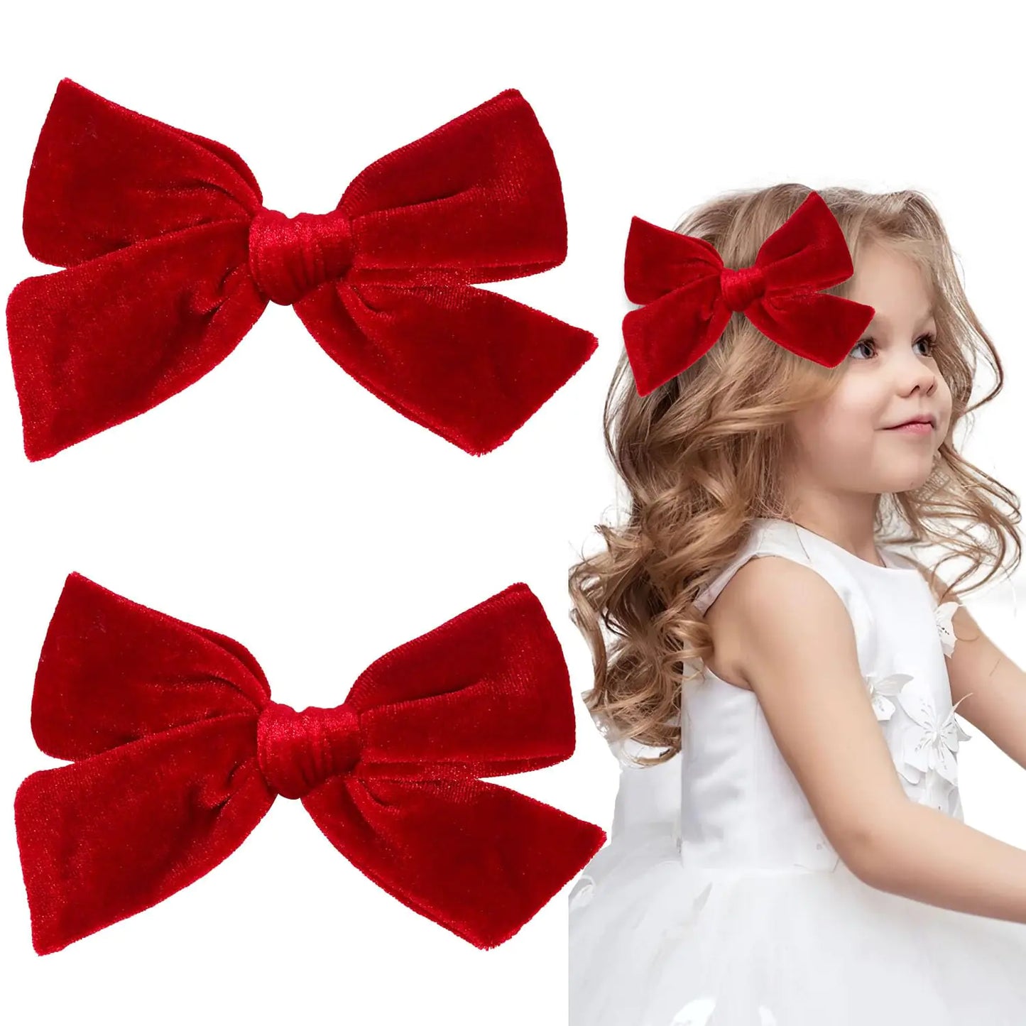 2 PCS Velvet Hair Bows Alligator Clips 4.7inch Hand-made Baby Girl Hair Bows Hair Accessories for Little Teen Toddler Girls Kids (Red)