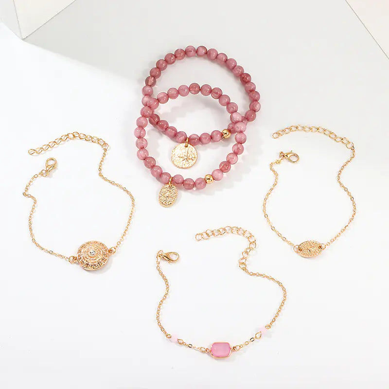 BZ1108 Alloy Disc Bracelet with Pink Acrylic Beads