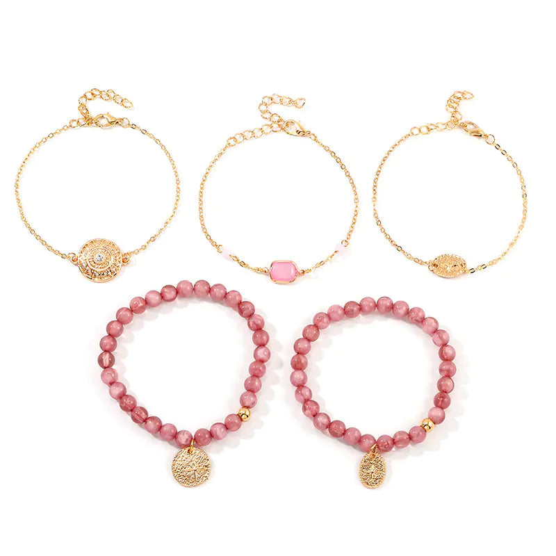 BZ1108 Alloy Disc Bracelet with Pink Acrylic Beads