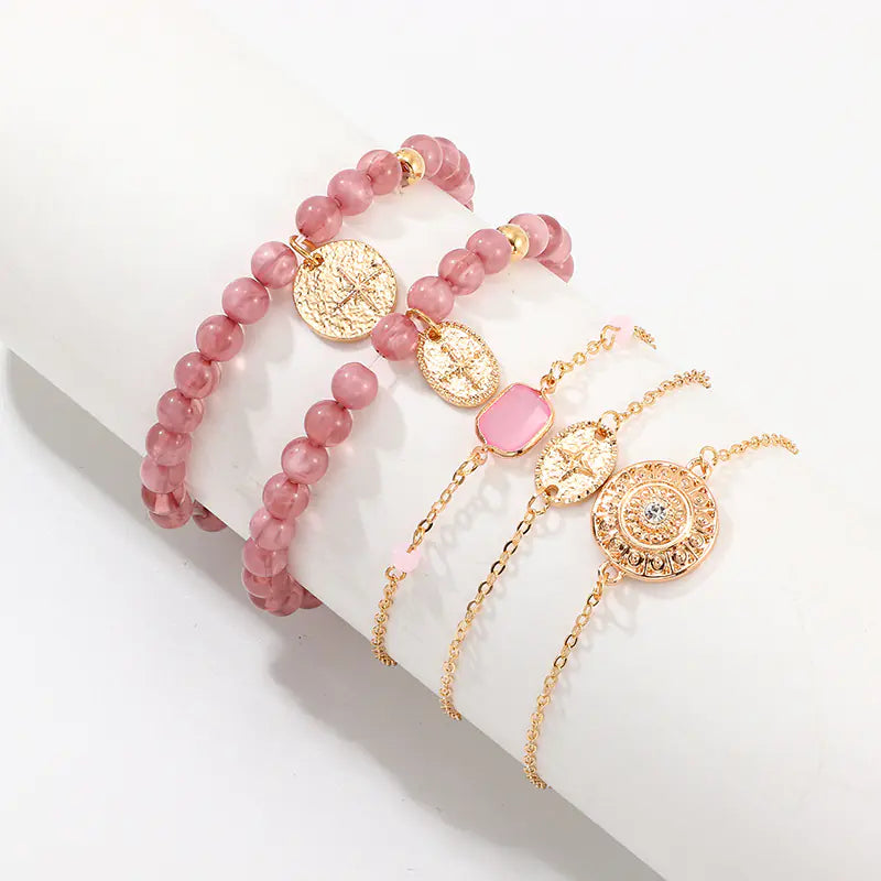 BZ1108 Alloy Disc Bracelet with Pink Acrylic Beads