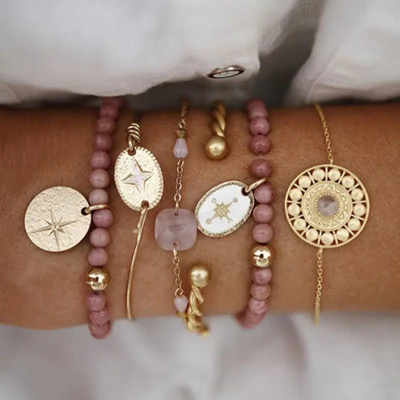 BZ1108 Alloy Disc Bracelet with Pink Acrylic Beads