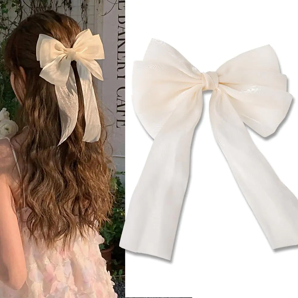 White Hair Bows for Women Girls Large Hair Bow Ribbon Clip Cute Hair Accessories for Women Girls Big Hair Bows Barrettes with Long Tail Tassel Ribbon Bow Hair Clips French Barrette Hair Bows