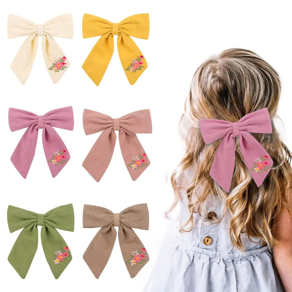 Baby Girl Embroidery Flower Plain Bows Hair Clips5.0 Inch 6PACK Fabric Cotton Linen Handmade Hair Accessories for Little Girls Toddler Kids Children (Style-A)