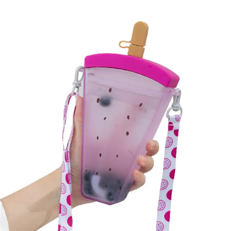Cute Fruit Print Popsicle Water Bottle with Straw (1pc)