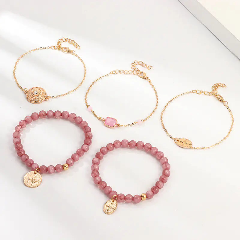 BZ1108 Alloy Disc Bracelet with Pink Acrylic Beads