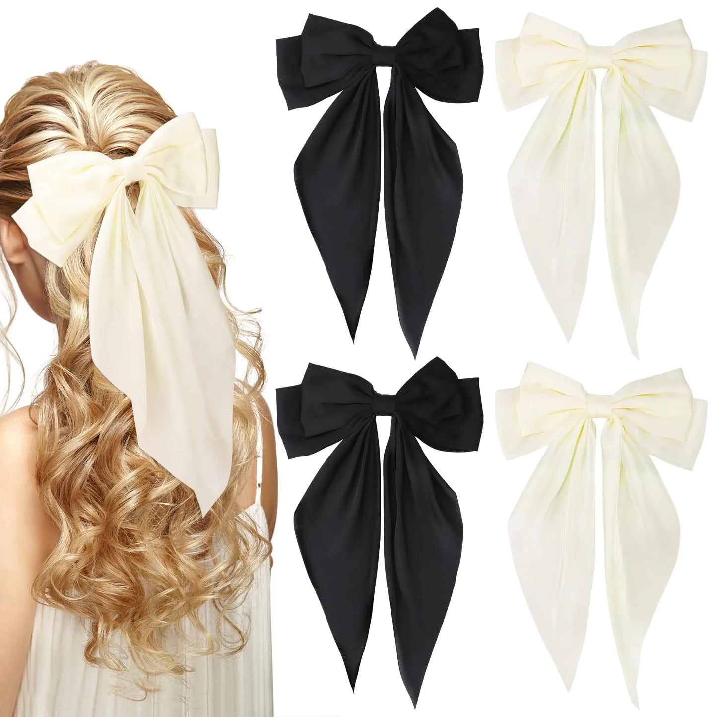 4Pcs Large Hair Bows Satin Hair Bows for Women Hair Ribbons Oversized Long Tail Bowknot Clips Big Bows for Teen Girl Gifts Trendy Stuff Hair Accessories