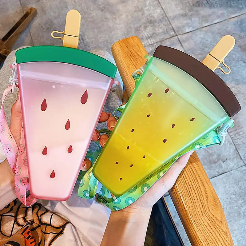 Cute Fruit Print Popsicle Water Bottle with Straw (1pc)