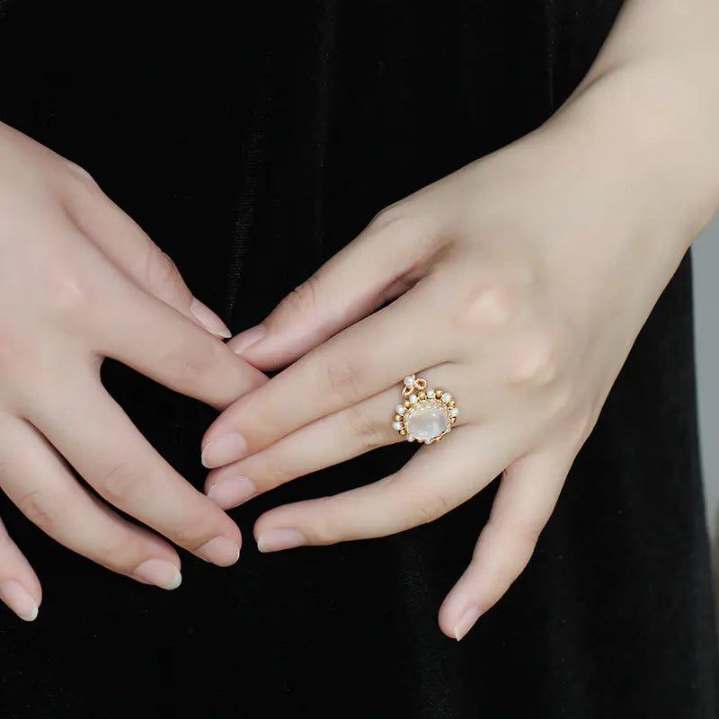 Handcrafted 14K Gold Moonstone Ring & Pearl Bracelet