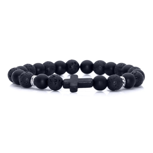 Xusamss Fashion 8MM Matte Agate Beads Bracelet Cross Elastic Bracelet(Onyx_Lava)