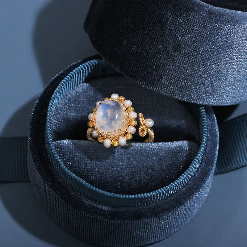 Handcrafted 14K Gold Moonstone Ring & Pearl Bracelet