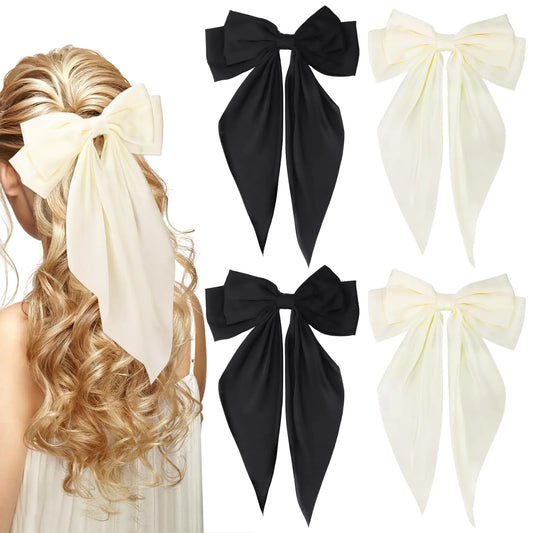 4Pcs Large Hair Bows Satin Hair Bows for Women Hair Ribbons Oversized Long Tail Bowknot Clips Big Bows for Teen Girl Gifts Trendy Stuff Hair Accessories