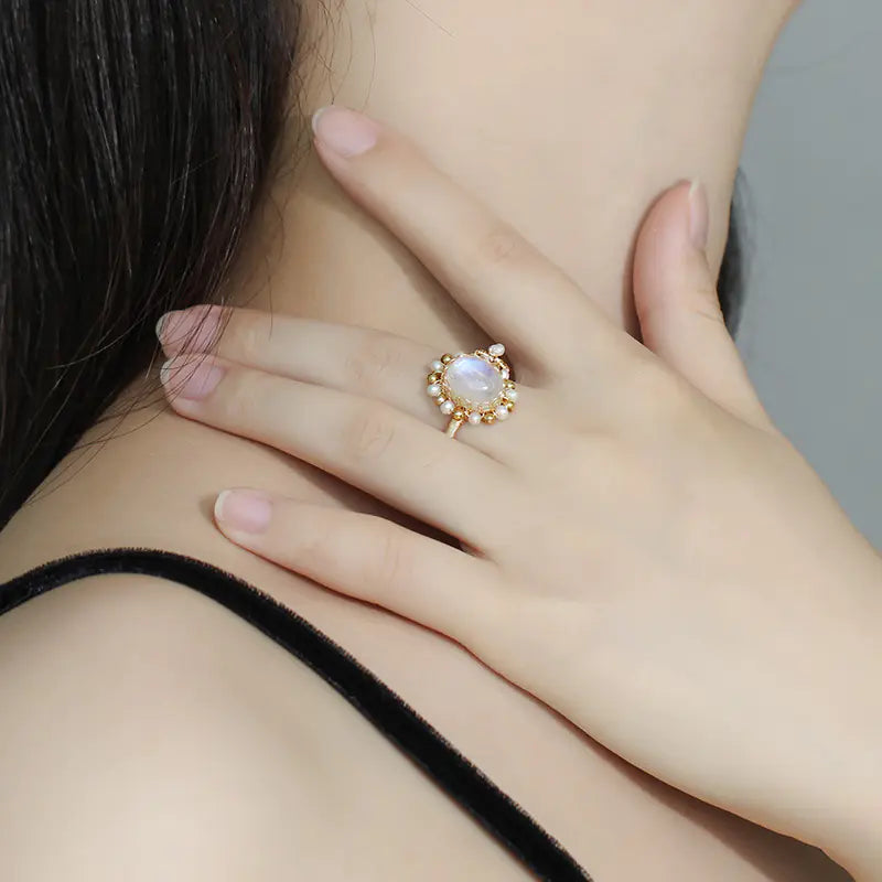 Handcrafted 14K Gold Moonstone Ring & Pearl Bracelet