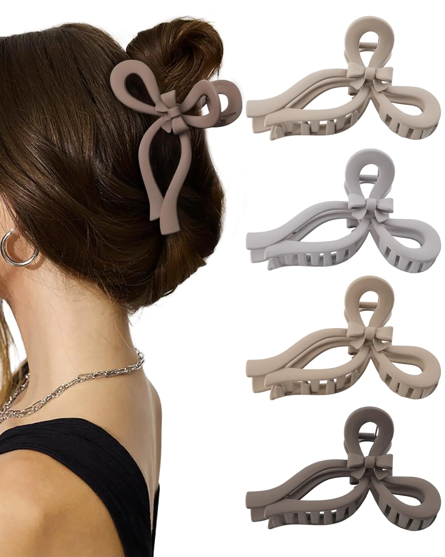 4 PCS Bow Hair Clips for Women Bow Claw Clip 5" Large Hair Claw Clips for Thick and Thin Hair Cute Bows Jaw Clip (MistyRose + Grey + Coffee + Khaki)
