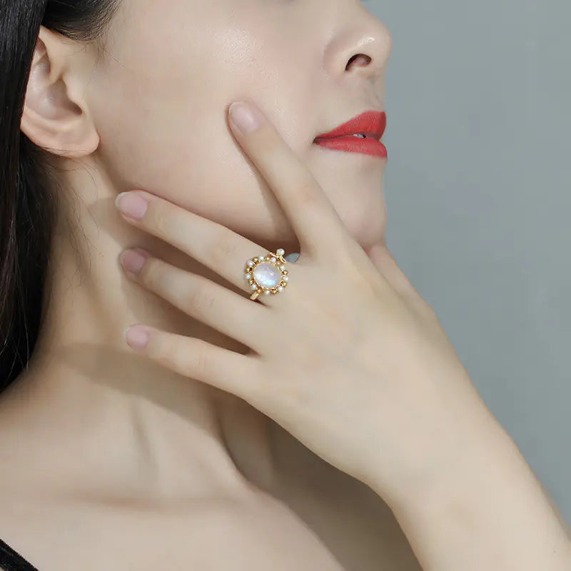 Handcrafted 14K Gold Moonstone Ring & Pearl Bracelet