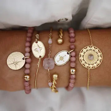 BZ1108 Alloy Disc Bracelet with Pink Acrylic Beads